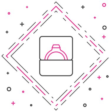 Beyaz arka planda izole edilmiş kutu simgesindeki Diamond nişan yüzüğü. Renkli taslak konsepti. Vektör.