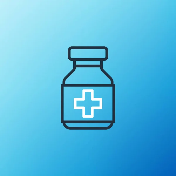 线状药瓶和药丸图标在蓝色背景上隔离 瓶装药丸标志 药房设计 五彩缤纷的概念 — 图库矢量图片