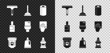 Kauçuk temizleme pompası kağıt rulo Epilatör şişesi temizleyici gargara şişesi ve klozet ikonu için ayarlayın. Vektör.