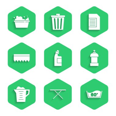 Temizlik malzemesi ütü için şişe ayarlayın. Sıcaklık yıkama tozu deterjanı sünger deterjanı ve sabun köpüklü leğen. Vektör.