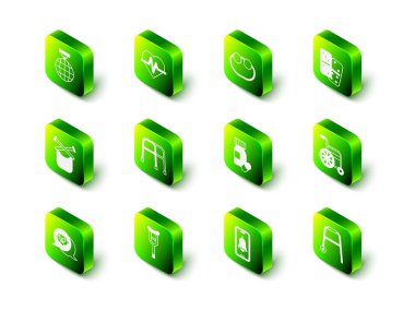 Kalp atış hızını ayarla gözlüklü Domino tekerlekli sandalyeli Walker ilaç şişesi ve haplar acil telefon görüşmesi ve koltuk değnekleri ikonu. Vektör.