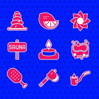 Aroma mumu tahta balta sauna kepçe sabun fırçası çiçek ve sıcak taş ikonu. Vektör.