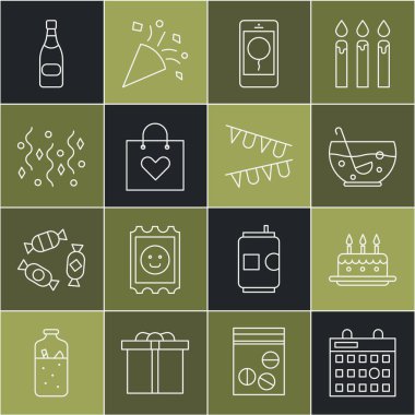 Doğum günü pastası, yanan mumlarla karışık kokteyl kasesi, gezici doğum günü mesajı alışveriş çantası, şenlikli konfeti, şampanya şişesi ve karnaval çelengi ikonu. Vektör.