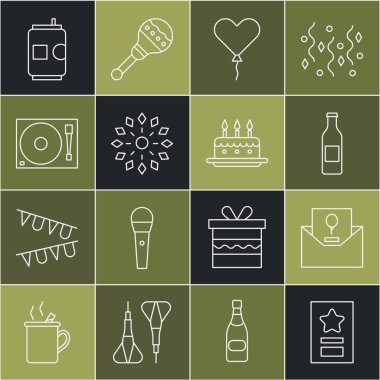 Kutlama kartı davetiye kutusu, kalp havai fişek plağı plastiği ve mum yakma ikonu olan balon formunu ayarla. Vektör.