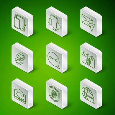 Konuşma kabarcığı kalkanından yapılmış dünya haritasını e- posta ve e-posta ile ayarla Telefon tableti grafiksel konuşma tableti sohbet kulaklıkları Chain linki mesaj ileti dizüstü ve Takvim e- posta simgesi. Vektör.