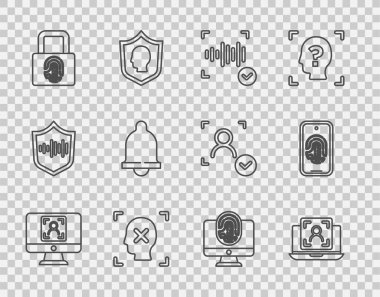 Yüz tanımlama dizüstü bilgisayarını ses reddi parmak izi kilidi parmak izi, hareket sensörü parmak izi ve mobil tarama simgesi ile ayarla. Vektör.