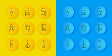 Nail dosyası Parfüm Kremi ya da losyon kozmetik tüpü şampuan saç fırçası antiterletici deodorant rulo ve ikon. Vektör.