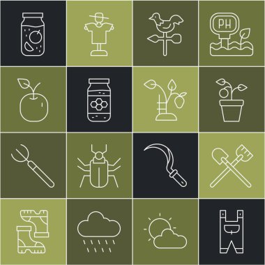 Bahçe işçisi kıyafetleri saksıda Kürek Bitkisi horoz rüzgar gülü kavanozu bal elma reçeli kavanozu ve çilek çalı ikonu. Vektör.