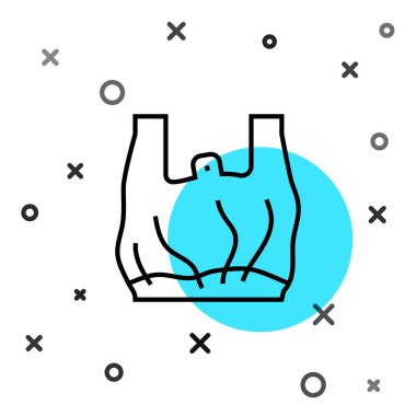 Siyah çizgi beyaz arka planda izole edilmiş plastik poşet poster ikonuna hayır de. Tek kullanımlık selofan ve politen paket yasaklama işareti. Rastgele dinamik şekiller. Vektör.