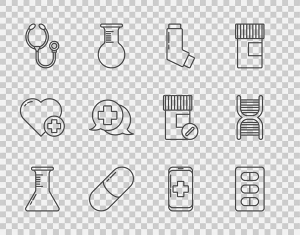 Установить Линию Пробирки Колбы Таблетки Блистерной Упаковке Ингаляторной Медицины Таблетки — стоковый вектор