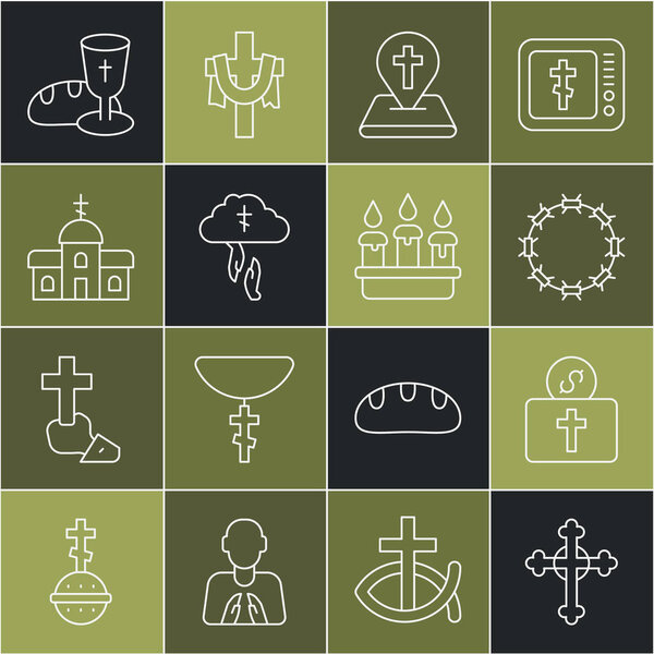 Пожертвование христианского креста для церкви Crown of thorns Расположение здания Боги помогают рука Церковь Кубка хлеба и горящие свечи свечи икона. Вектор.