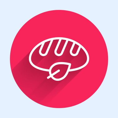 Uzun gölgeli beyaz çizgili Vegan ekmek simgesi. Kırmızı daire düğmesi. Vektör.