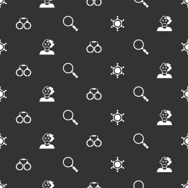 Altıgen şerifi, cinayet, kelepçe ve büyüteçle kusursuz desenleri araştır. Vektör.