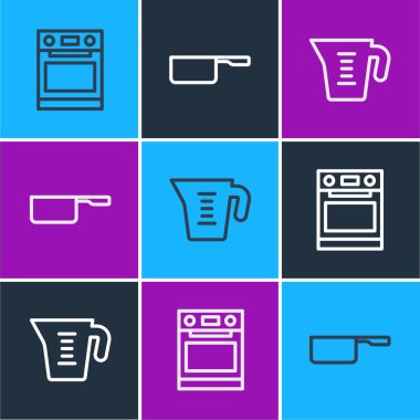 Fırın, ölçü kabı ve tencere simgesini ayarla. Vektör.