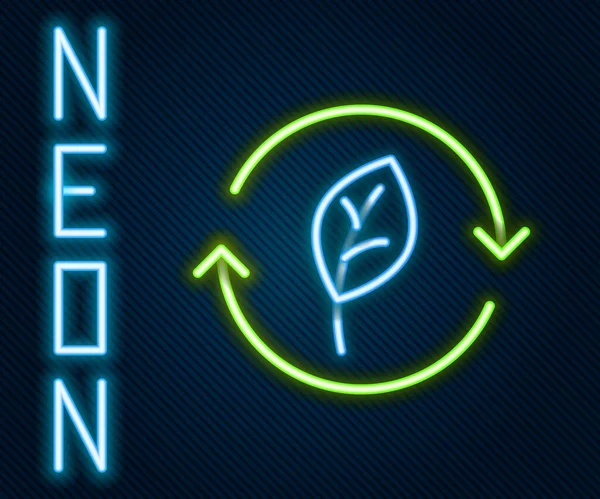 Zářící Neonová Čára Symbol Recyklace Ikonou Listu Izolovanou Černém Pozadí — Stockový vektor