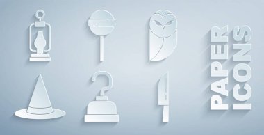 Korsan kancası Baykuş Cadı Şapkası Bıçak Lolipop ve Kamp Feneri ikonu. Vektör.