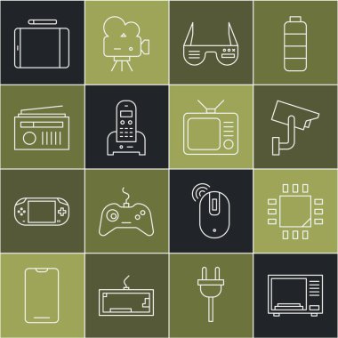 Mikrodalga fırın işlemcisini mikro devreli CPU güvenlik kamerası akıllı gözlükler radyo anten grafiği tableti ve Retro tv ikonu ile ayarla. Vektör.