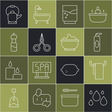 Su damlası havlusunu askı spreyi kutusuna koy. Saç spreyi için. Su makası şişesi tutacağı ve kase ikonunda deniz tuzu olsun. Vektör.