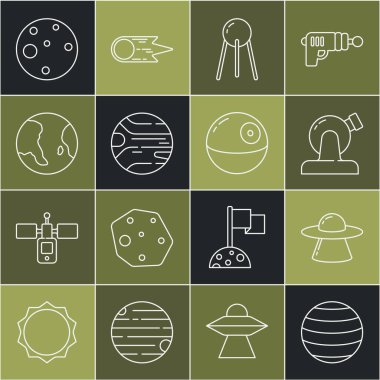 Venüs Gezegeni UFO uzay gemisi Astronomik Gözlemevi Uydu Dünyası Mars ve Ölüm Yıldızı ikonu. Vektör.