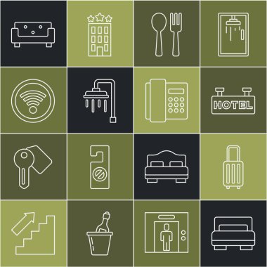 Hat otel odasındaki bavul panosunu çatal ve kaşık duş kablosuz kablosuz kanepe ve telefon ahizesi simgesiyle ayarla. Vektör.