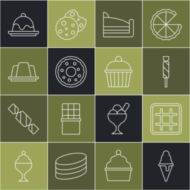 Dondurmayı waffle külahında, şekerlemeli pasta, jöleli pasta ve ikona koy. Vektör.