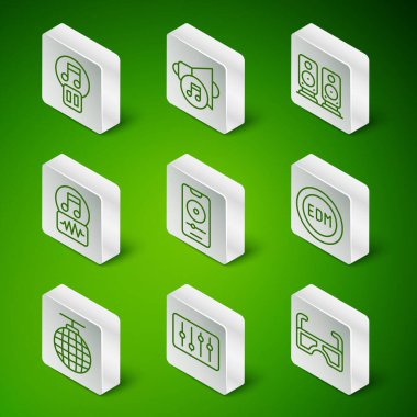 Line Glasses Ses Karıştırıcı denetleyicisi Duraklat Müzik çalar nota sesi Hoparlör ses disko topu ve EDM elektronik dans müzik ikonu. Vektör.