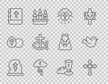 Mezar taşıyla mezar taşı Hıristiyan haçı, daire şeklinde Tanrılar İncil 'deki kutsal balık kadehi ve güvercin ikonuna yardım etsin. Vektör.