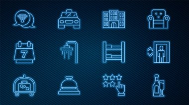 Kablosuz internet odası yatağı ve taksi ikonu gibi cam asansörlü şampanya şişesi ve duş takvimi ayarlayın. Vektör.