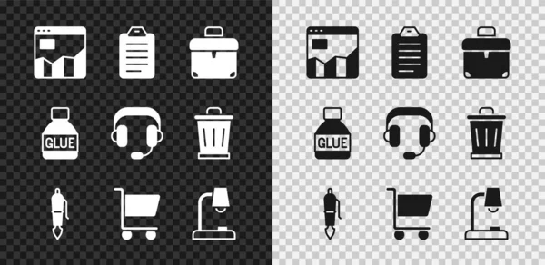 グラフ情報を設定する一覧や計画を行うにはブリーフケースファウンテンペンNibショッピングカートテーブルランプ接着剤とヘッドフォンアイコン ベクトル — ストックベクタ