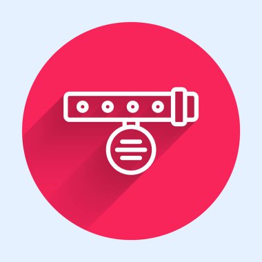 İsim etiketi simgesi uzun gölge arkaplan izole beyaz çizgi Collar. Evcil hayvanlar için basit malzemeler. Kedi köpek bakımı. Evcil hayvan zincirleri. Kırmızı daire düğmesi. Vektör.