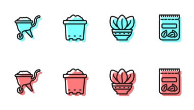 Çizgiyi çömleğe yerleştir, çamurlu el arabası, ot toprağı ve bitki ikonu tohumu dolu bir paket. Vektör.