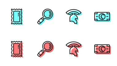 Roma ordu kaskı büyük boy aynalı büyüteç ve kağıt para ikonu. Vektör.