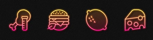 设定系列柠檬基因改造鸡肉 素食和奶酪 发光的霓虹灯图标 — 图库矢量图片