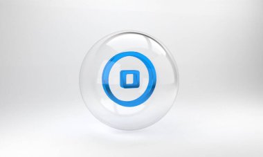 Mavi Çin Yuan para birimi sembolü gri arkaplanda izole edilmiş. Bozuk para. Bankacılık işareti. Para sembolü. Cam daire düğmesi. 3 Boyutlu resimleme.