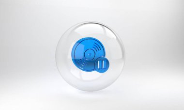 Mavi Vinil disk simgesi gri arkaplanda izole edildi. Cam daire düğmesi. 3 Boyutlu resimleme.