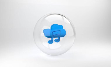 Mavi Müzik servis simgesi gri arkaplanda izole edildi. Ses bulutları, çevrimiçi medya yayınları, şarkı, ses dalgaları. Cam daire düğmesi. 3 Boyutlu resimleme.