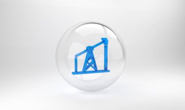 Mavi yağ pompası ya da pompa ikonu gri arka planda izole edildi. Petrol platformu. Cam daire düğmesi. 3 Boyutlu resimleme.