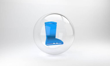 Mavi su geçirmez lastik bot ikonu gri arkaplanda izole edilmiş. Yağmurlu hava, balıkçılık, bahçe işleri için çizme. Cam daire düğmesi. 3 Boyutlu resimleme.