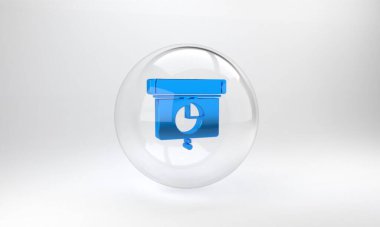 Grafik, çizelge, grafik, diyagram, bilgi grafiği ve gri arkaplanda izole edilmiş turta grafik ikonu içeren Mavi Sunum Finansal Kurulu. Cam daire düğmesi. 3 Boyutlu resimleme.