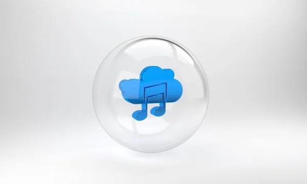 Blue Music streaming service icon isolated on grey background. Sound cloud computing, online media streaming, song, audio wave. Glass circle button. 3D render illustration.