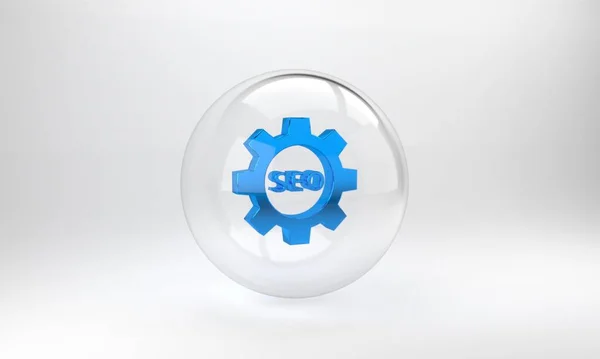 Blaue Seo Plakette Mit Zahnradsymbol Auf Grauem Hintergrund Glaskreisknopf Vorhanden — Stockfoto