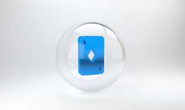 Gri arkaplanda elmasların simgesi olan mavi oyun kartı. Kumarhane kumarı. Cam daire düğmesi. 3 Boyutlu resimleme.