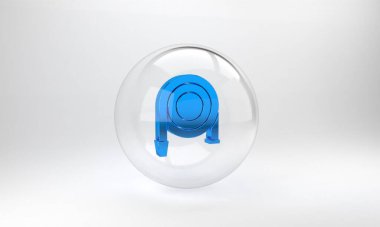 Mavi itfaiye hortumu ikonu gri arka planda izole edildi. Cam daire düğmesi. 3 Boyutlu resimleme.