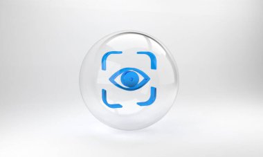 Mavi göz tarama simgesi gri arkaplanda izole edildi. Göz taraması yapılıyor. Güvenlik kontrol sembolü. Siber göz işareti. Cam daire düğmesi. 3 Boyutlu resimleme.