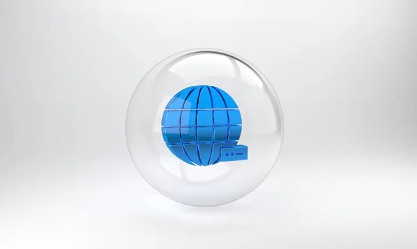 蓝色全球技术或社交网络图标孤立于灰色背景 玻璃圆形按钮 3D渲染说明 — 图库照片