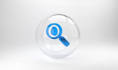 Mavi Arama ve Paskalya yumurtası simgesi gri arka planda izole edildi. Mutlu Paskalyalar. Cam daire düğmesi. 3 Boyutlu resimleme.