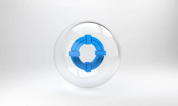 蓝色救生圈图标孤立在灰色背景 救生浮式救生圈用于海滩 救生带用于救人 玻璃圆形按钮 3D渲染说明 — 图库照片
