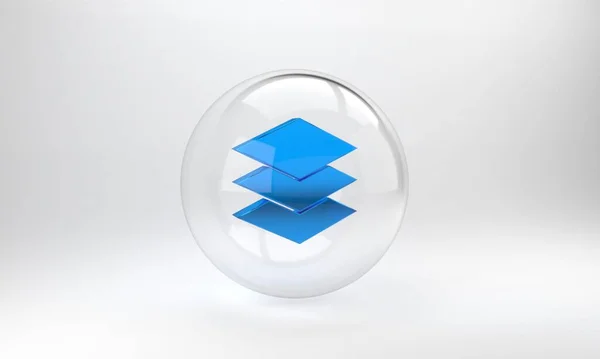 Blue Layers icon isolated on grey background. Glass circle button. 3D render illustration.