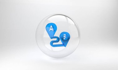 Mavi Yol konum simgesi gri arkaplanda izole edildi. Harita işaretçisi işareti. Yol ya da yol kavramı. GPS navigatörü. Cam daire düğmesi. 3 Boyutlu resimleme.