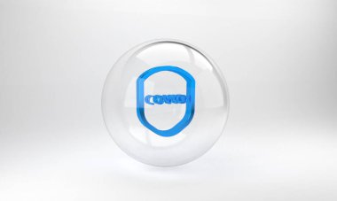 Mavi Kalkan virüsten, mikroplardan ve bakteri simgesinden korunuyor. Bağışıklık sistemi konsepti. Corona virüsü covid-19. Cam daire düğmesi. 3 Boyutlu resimleme.